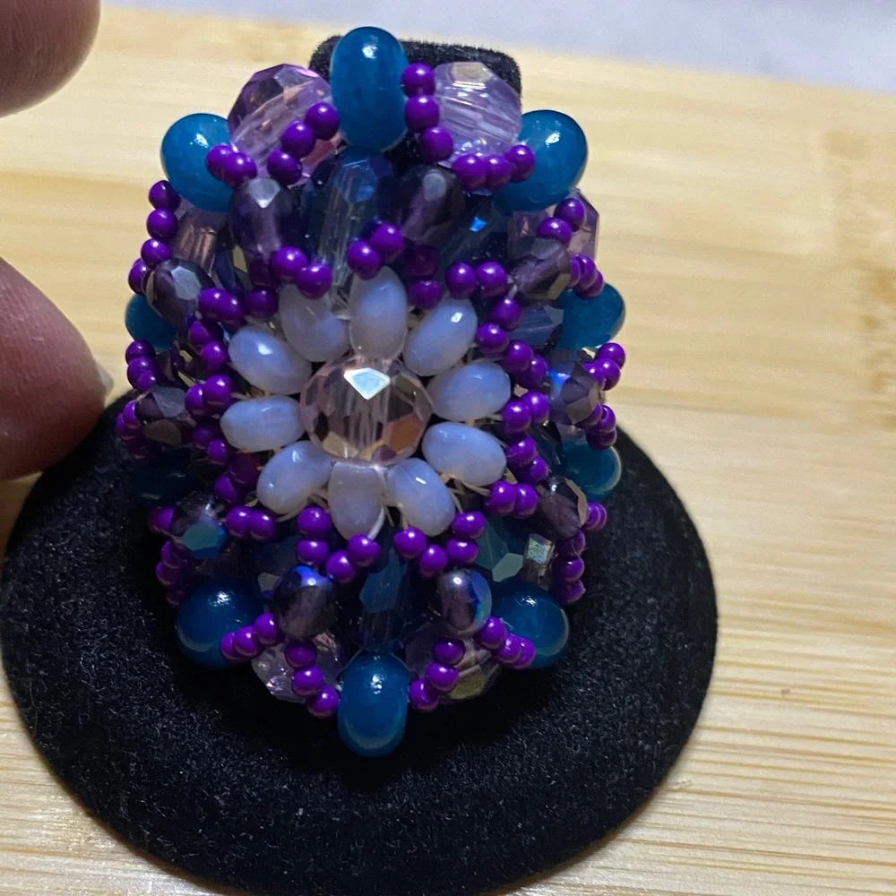 Purple and Blue Women's Beaded Ring Size 8